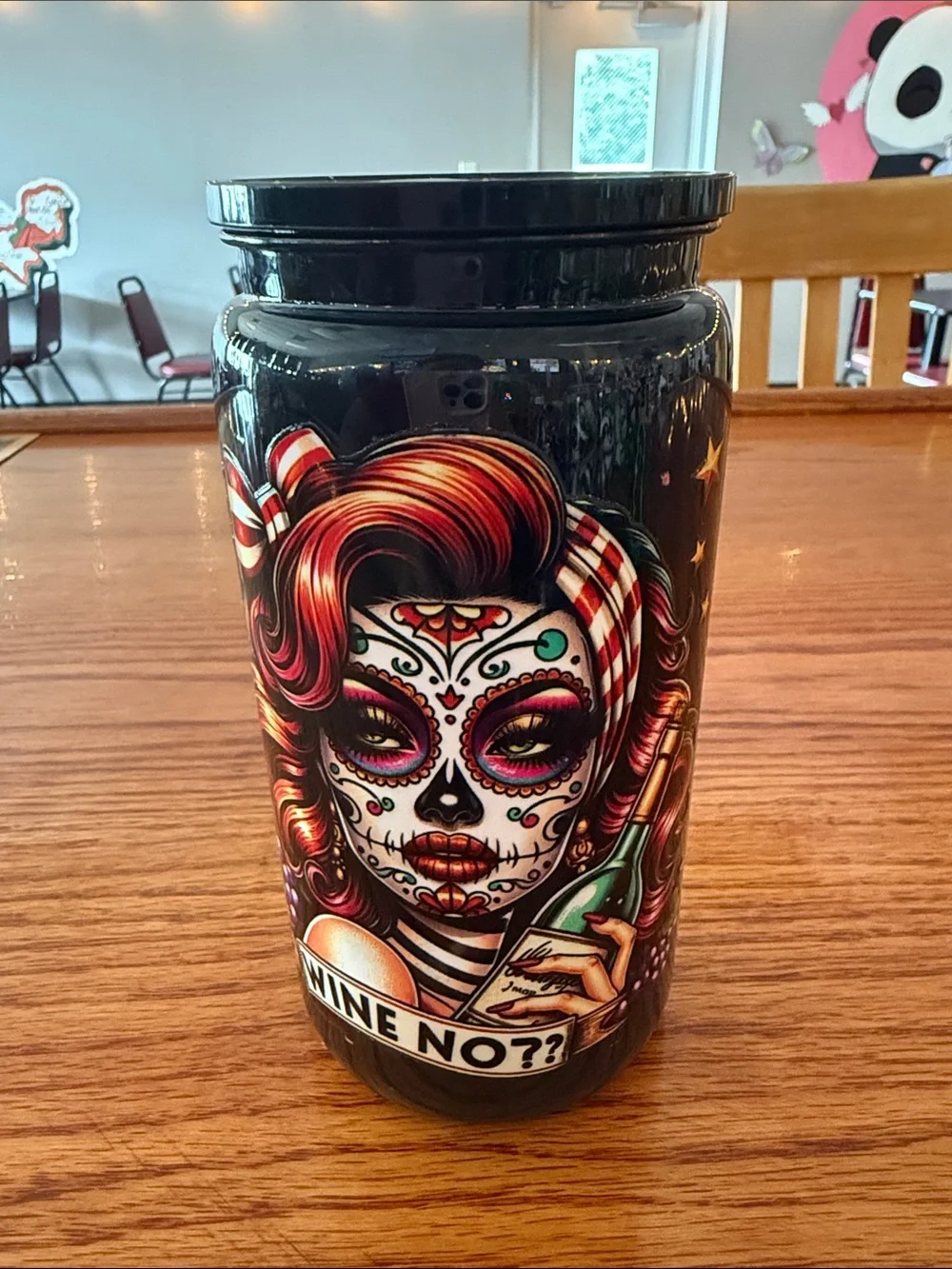 Black Sugar Skull Wine Tumbler - Decorative Day of the Dead Design